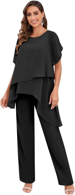 2 Pieces Mother of The Bride Pant Suits for Women Dressy Chiffon Sets Ruffle Layers Formal Wedding Guest Outfit