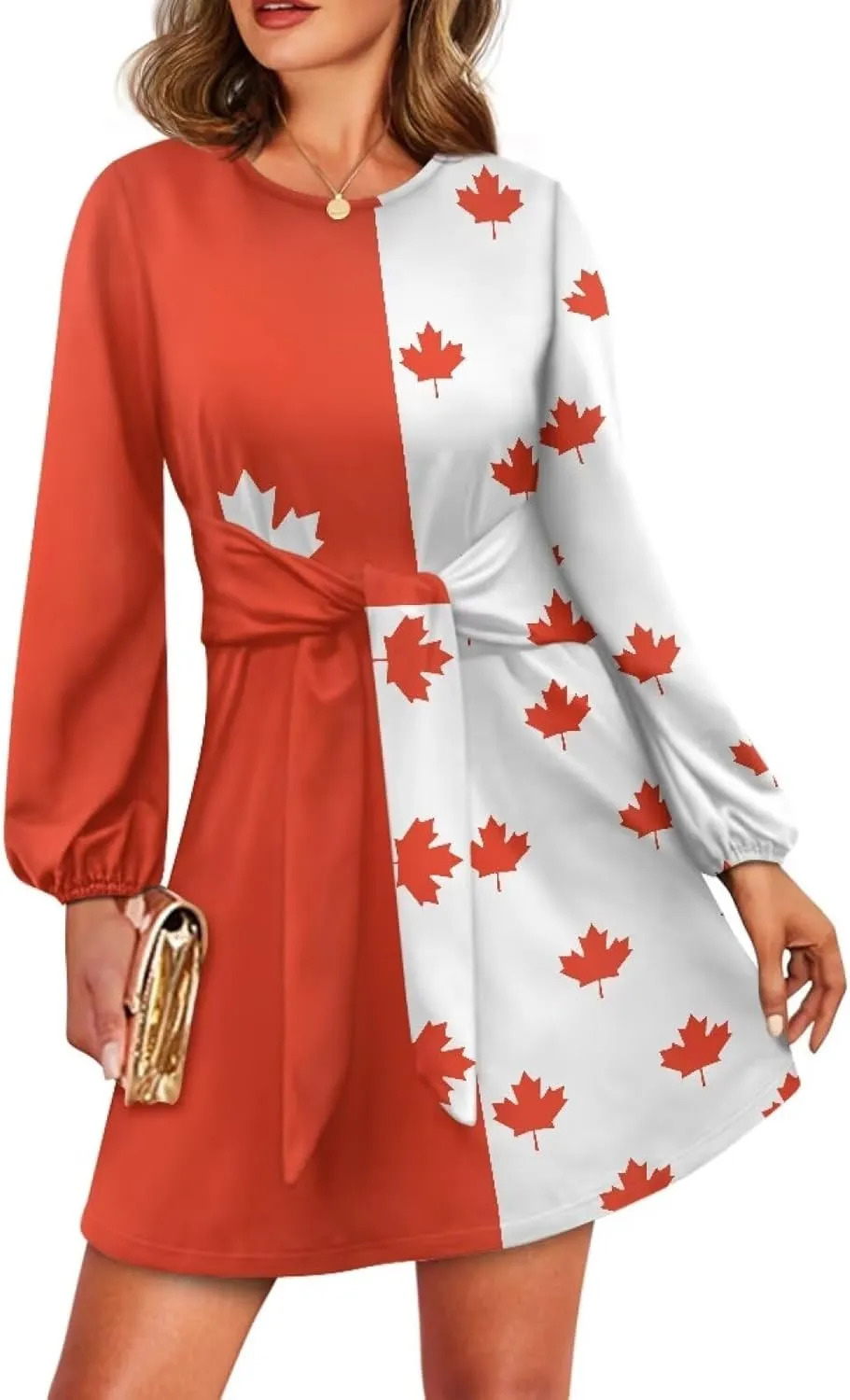 2024 Women's Dresses for Wedding Elegant Tie Waist Fall Mini Party Dress Round Neck Long Sleeve Polynesian Skirt