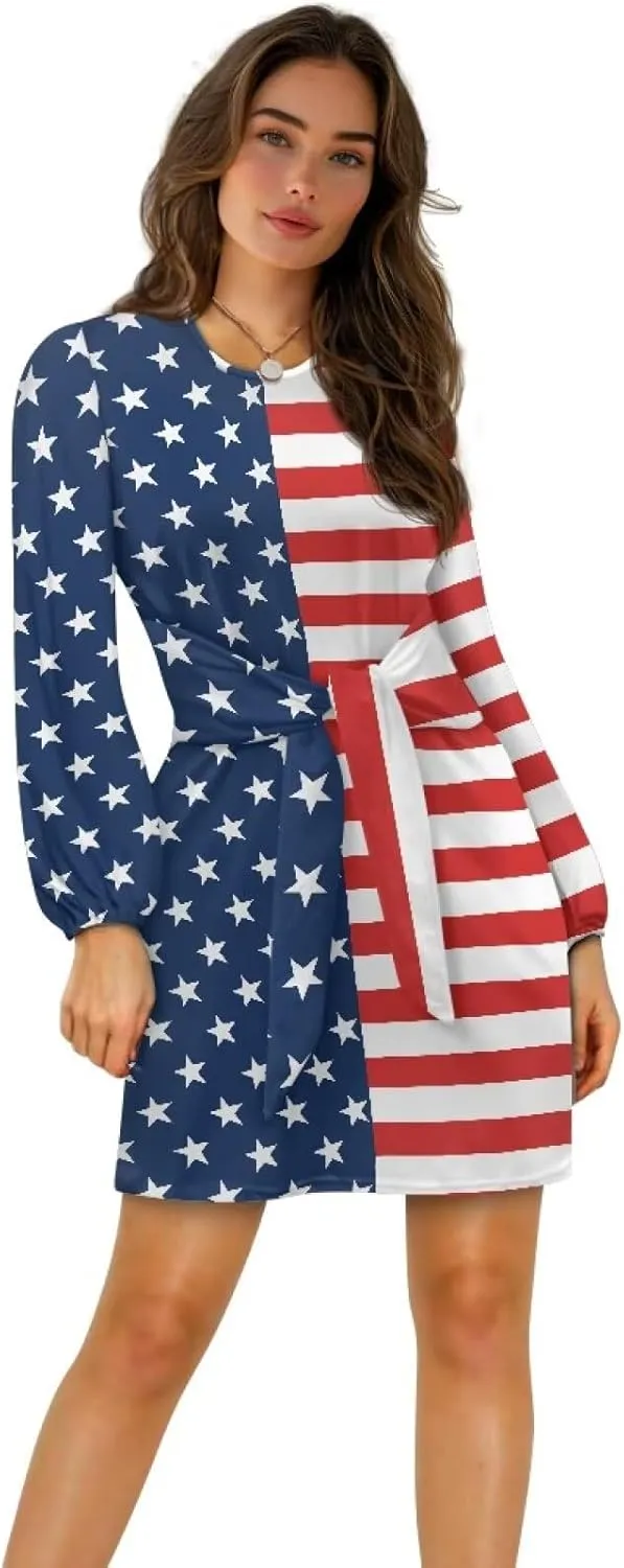 2024 Women's Dresses for Wedding Elegant Tie Waist Fall Mini Party Dress Round Neck Long Sleeve Polynesian Skirt