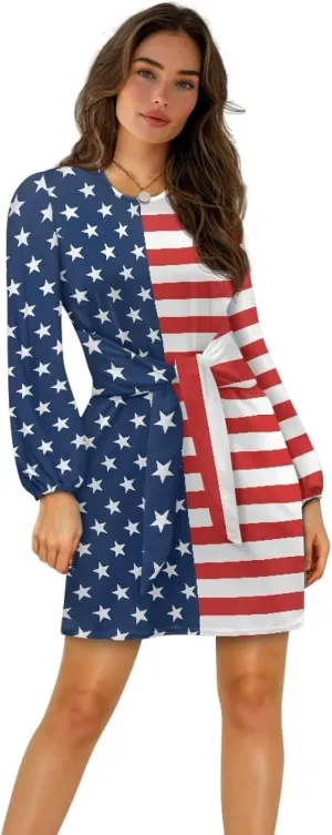 2024 Women's Dresses for Wedding Elegant Tie Waist Fall Mini Party Dress Round Neck Long Sleeve Polynesian Skirt