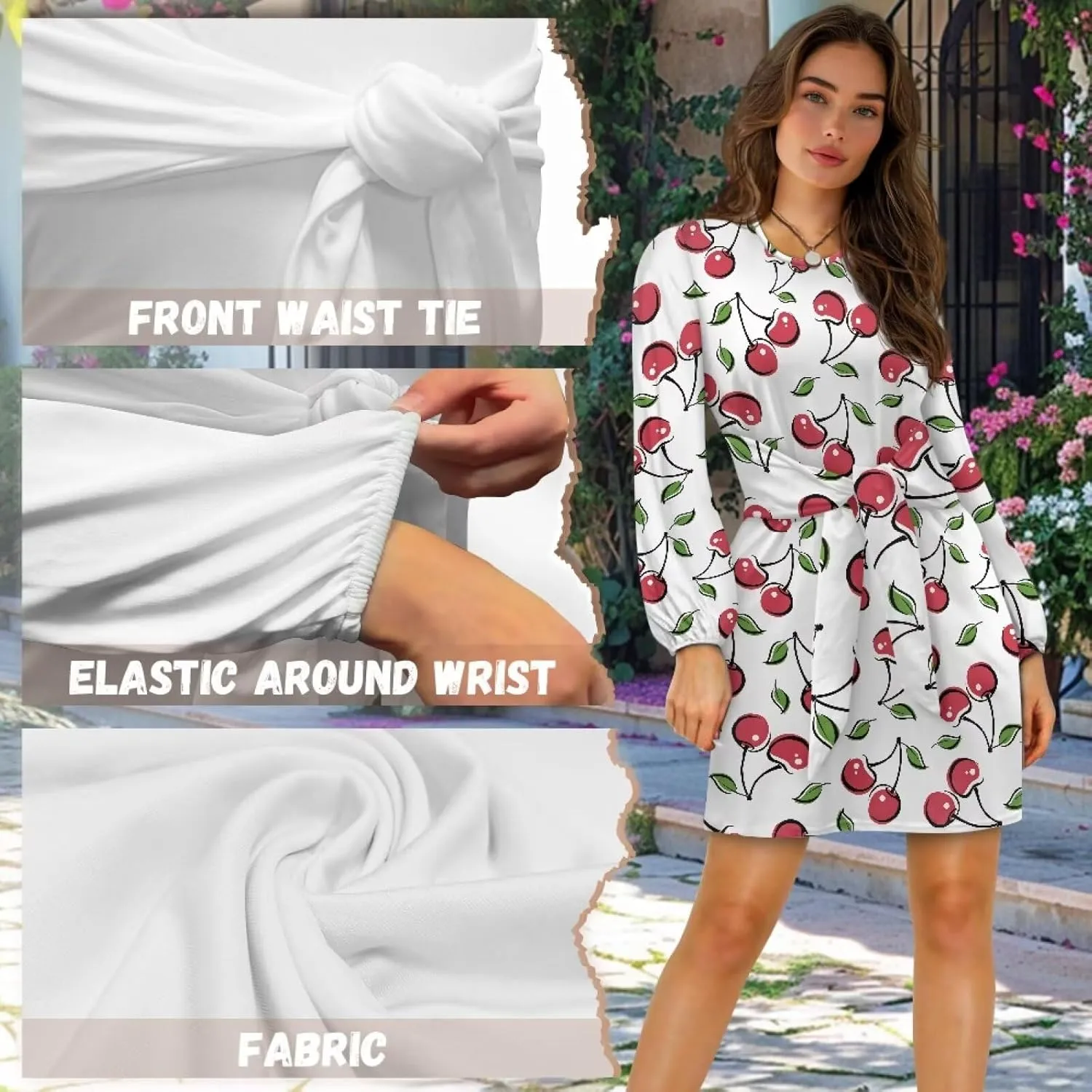 2024 Women's Dresses for Wedding Elegant Tie Waist Fall Mini Party Dress Round Neck Long Sleeve Polynesian Skirt