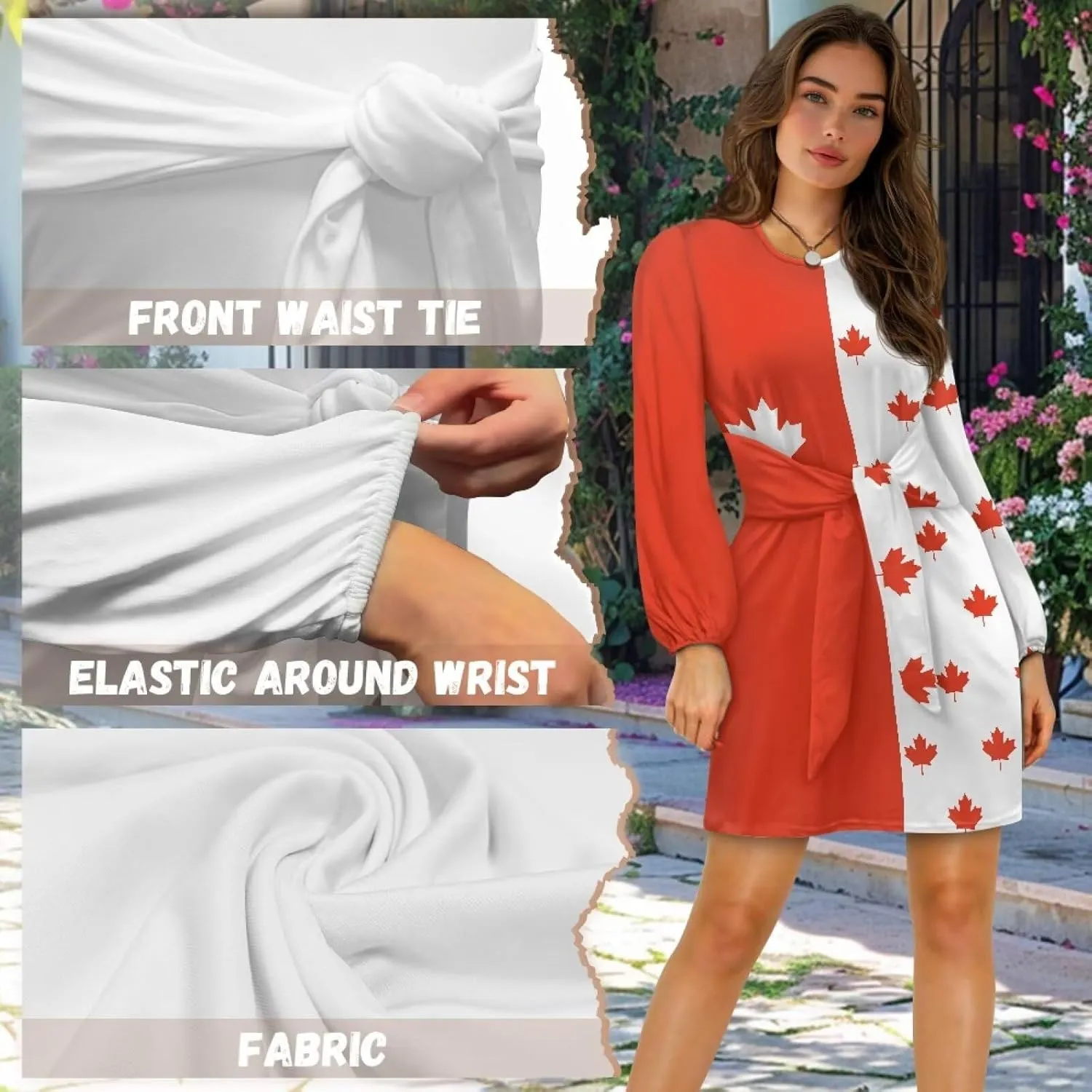 2024 Women's Dresses for Wedding Elegant Tie Waist Fall Mini Party Dress Round Neck Long Sleeve Polynesian Skirt
