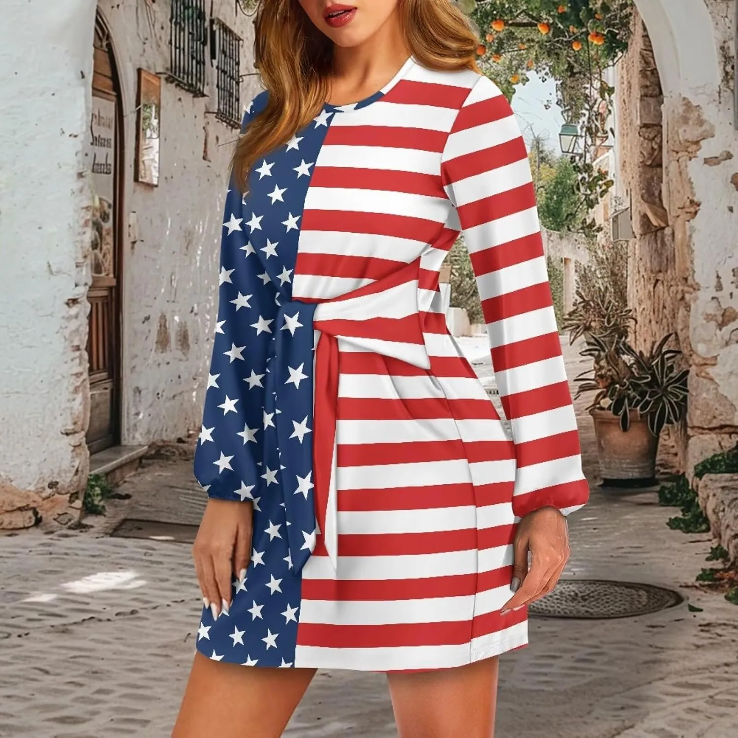 2024 Women's Dresses for Wedding Elegant Tie Waist Fall Mini Party Dress Round Neck Long Sleeve Polynesian Skirt