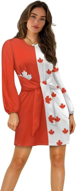 2024 Women's Dresses for Wedding Elegant Tie Waist Fall Mini Party Dress Round Neck Long Sleeve Polynesian Skirt