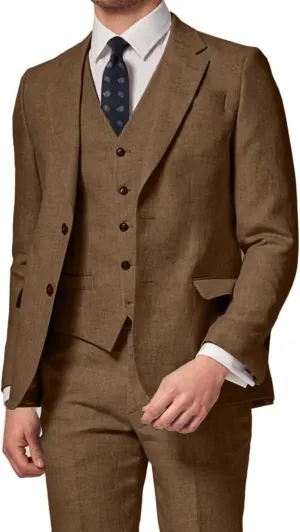 3 Piece Summer Linen Suits for Men, Men's Slim Fit Suit Set Two Buttons Casual Solid Blazers Vest Pants Set for Wedding Party