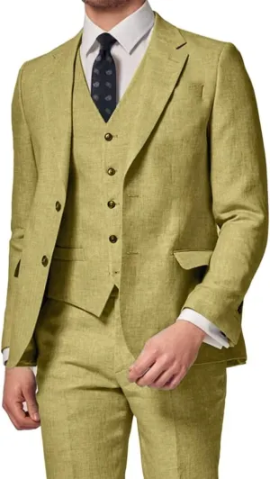 3 Piece Summer Linen Suits for Men, Men's Slim Fit Suit Set Two Buttons Casual Solid Blazers Vest Pants Set for Wedding Party