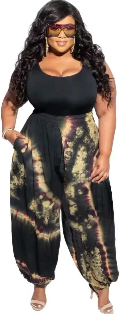 Acatmew Plus Size Harem Pants for Women African Print Casual Bohemian Loose Long Pants with Pocket