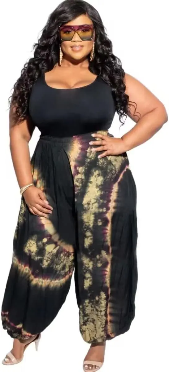 Acatmew Plus Size Harem Pants for Women African Print Casual Bohemian Loose Long Pants with Pocket