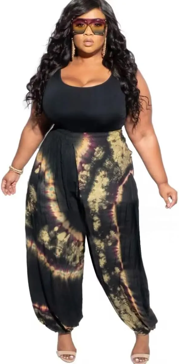 Acatmew Plus Size Harem Pants for Women African Print Casual Bohemian Loose Long Pants with Pocket