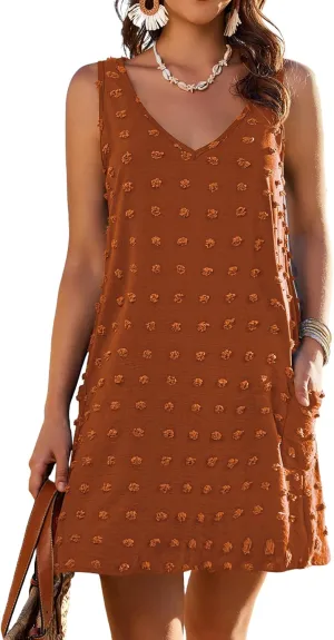 AI'MAGE Women Beach Coverups Swiss Polka Dot Bathing Suit Cover Up Sleeveless V Neck Dress with 2 Pockets