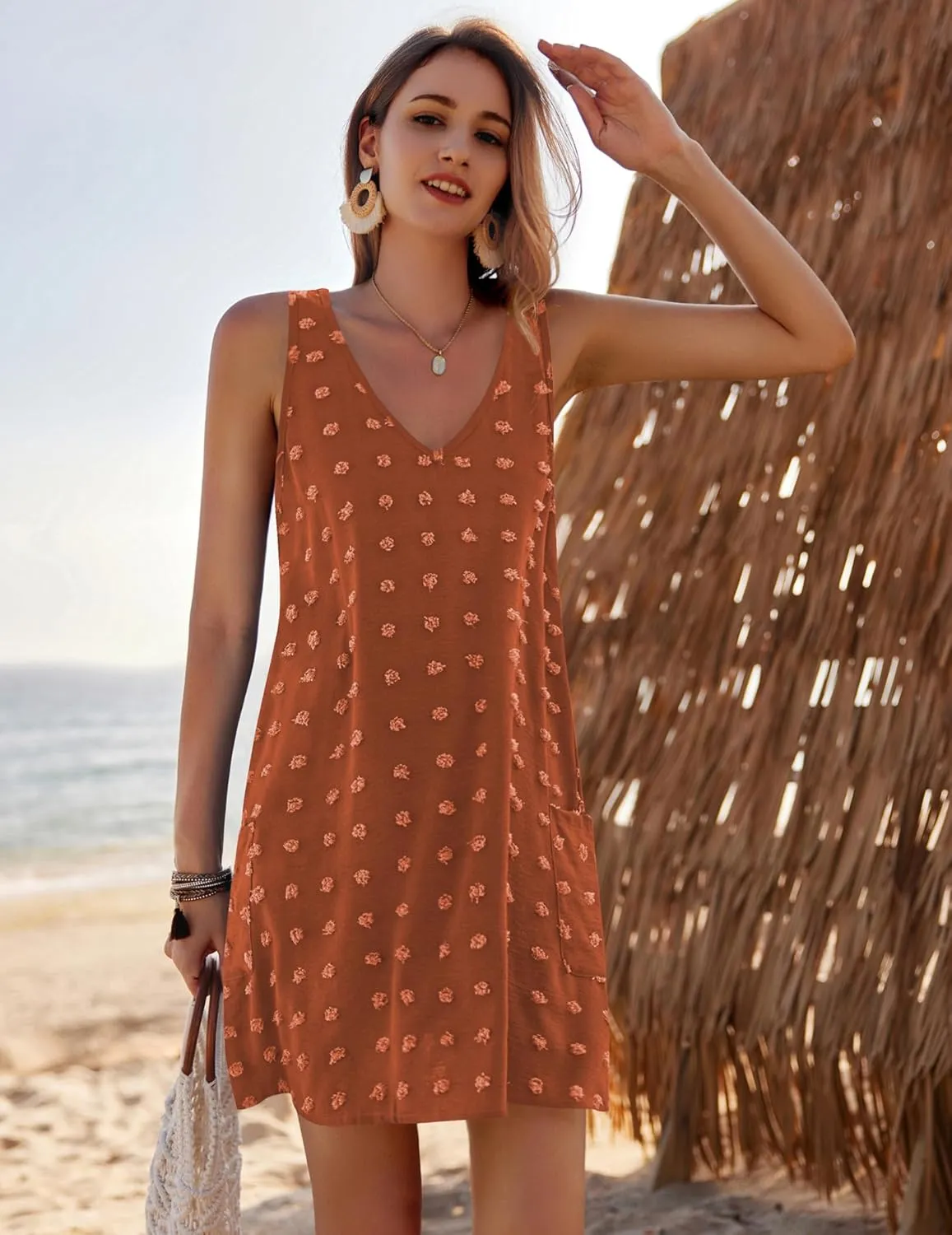 AI'MAGE Women Beach Coverups Swiss Polka Dot Bathing Suit Cover Up Sleeveless V Neck Dress with 2 Pockets