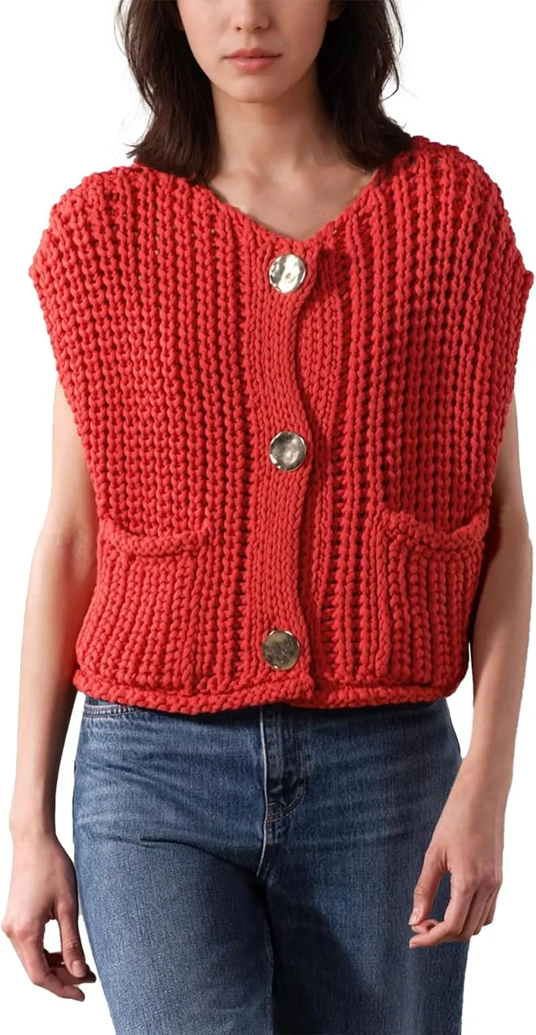 Ainangua Sleeveless Cropped Cardigan for Women Casual Chunky Knit Tank Tops Button Down Open Front Sweater Vest with Pockets