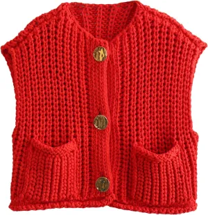 Ainangua Sleeveless Cropped Cardigan for Women Casual Chunky Knit Tank Tops Button Down Open Front Sweater Vest with Pockets