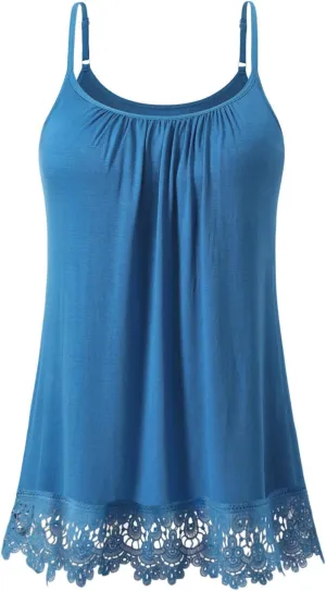 Air Curvey Flowy Camisole for Women Build in Bra Summer Outfit Pleated Lace Trim Cami Adjustable Strap Tank Top 2025