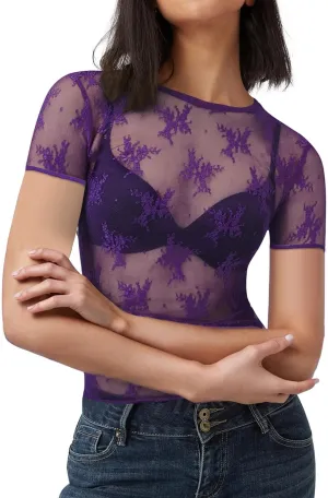 AKEWEI Womens Mesh Short Sleeve Tops Crew Neck Sexy See Through Tee Shirts Party Club Night Lace Blouse