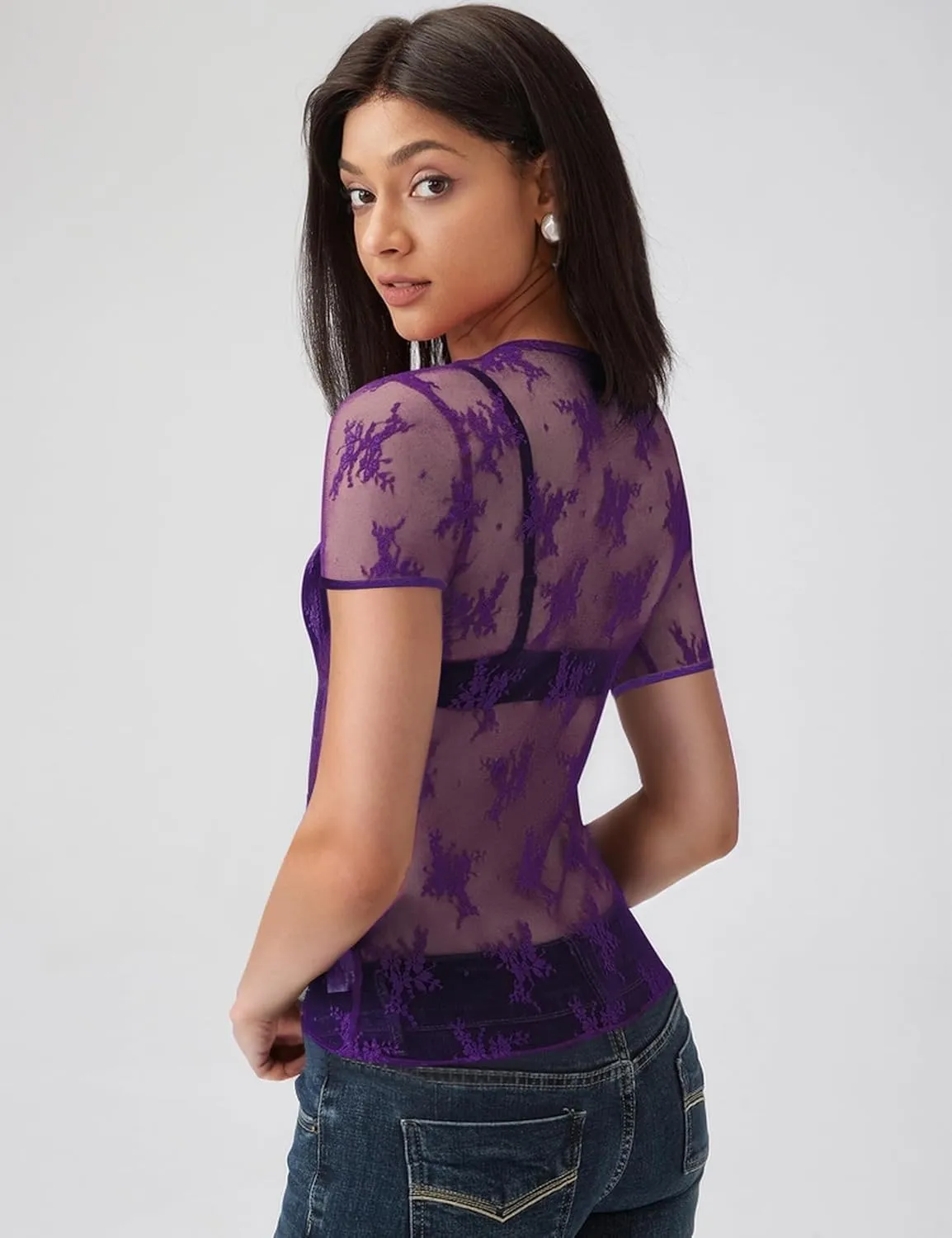AKEWEI Womens Mesh Short Sleeve Tops Crew Neck Sexy See Through Tee Shirts Party Club Night Lace Blouse