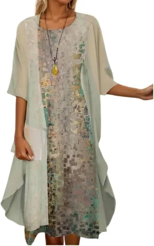 Akivide Womens Two-Piece Set Floral Print Midi Dress with Cardigan Chiffon Sleeveless Plus Size Wedding Guest Dresses