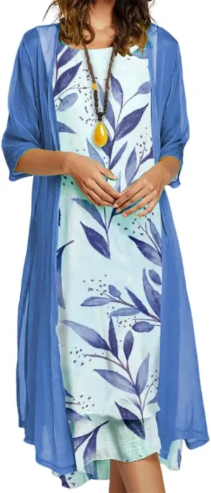 Akivide Womens Two-Piece Set Floral Print Midi Dress with Cardigan Chiffon Sleeveless Plus Size Wedding Guest Dresses