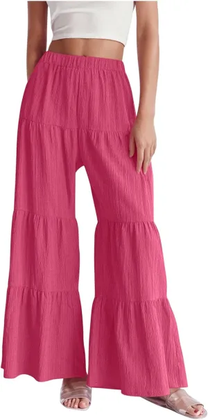 Akklian Flowy Pants for Women Boho Elastic High Waist Ruffle Tiered Wide Leg Beach Palazzo Pants Loose Casual Summer Trousers