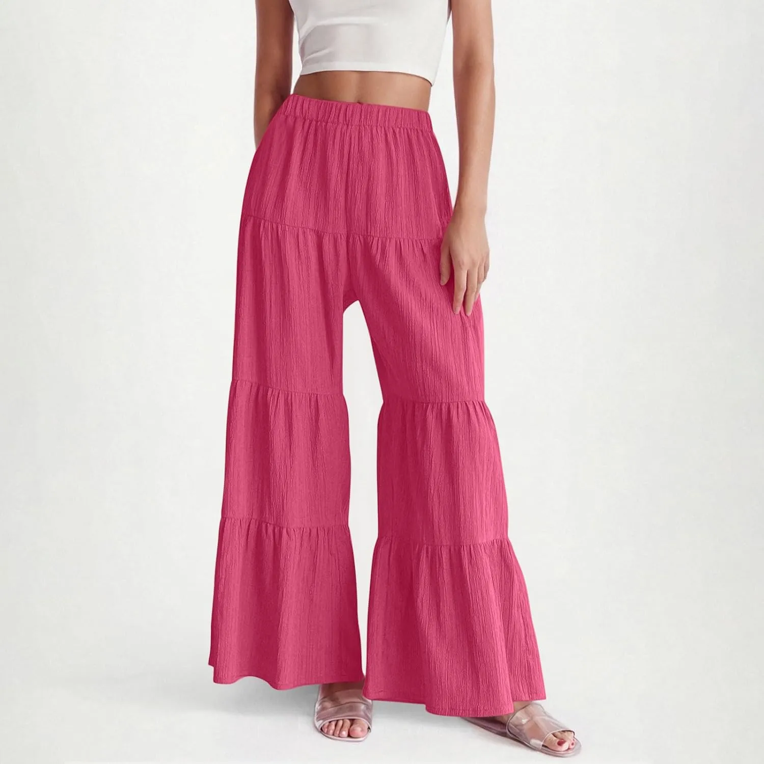 Akklian Flowy Pants for Women Boho Elastic High Waist Ruffle Tiered Wide Leg Beach Palazzo Pants Loose Casual Summer Trousers