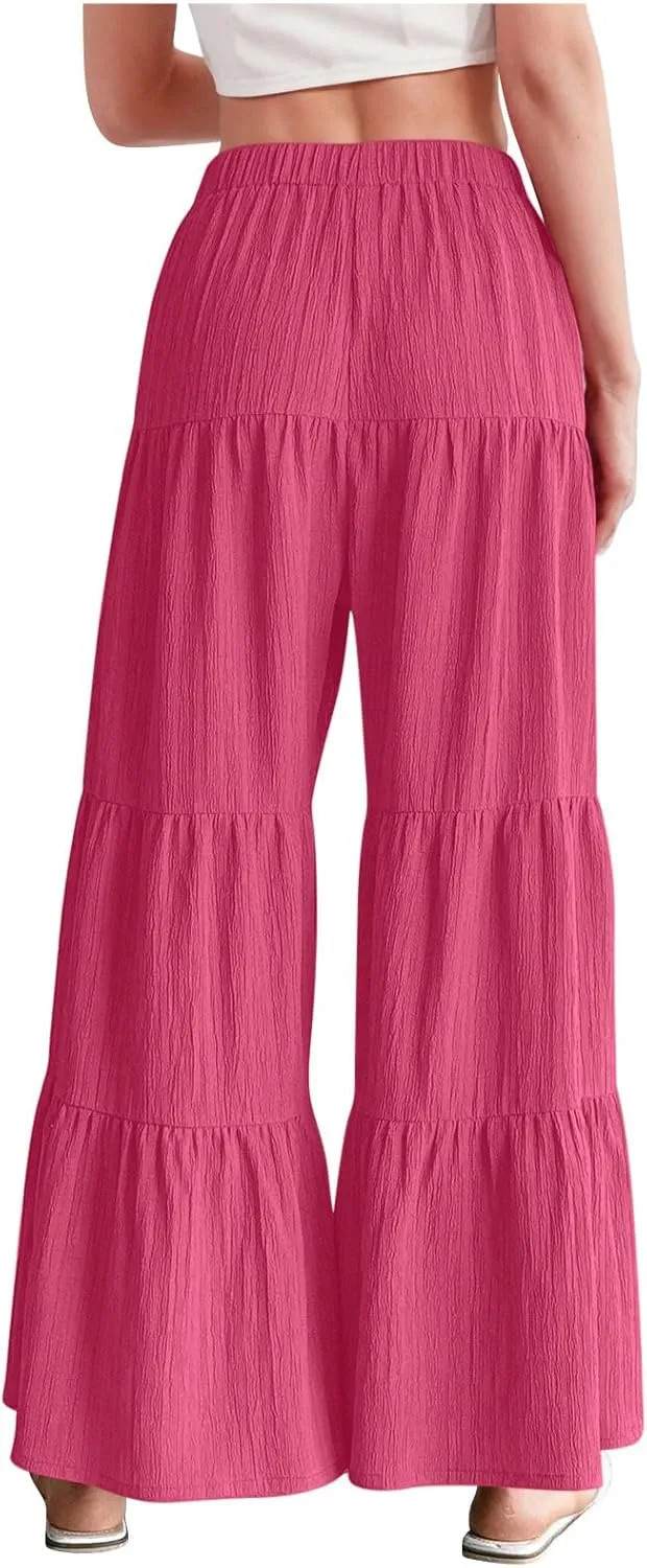 Akklian Flowy Pants for Women Boho Elastic High Waist Ruffle Tiered Wide Leg Beach Palazzo Pants Loose Casual Summer Trousers
