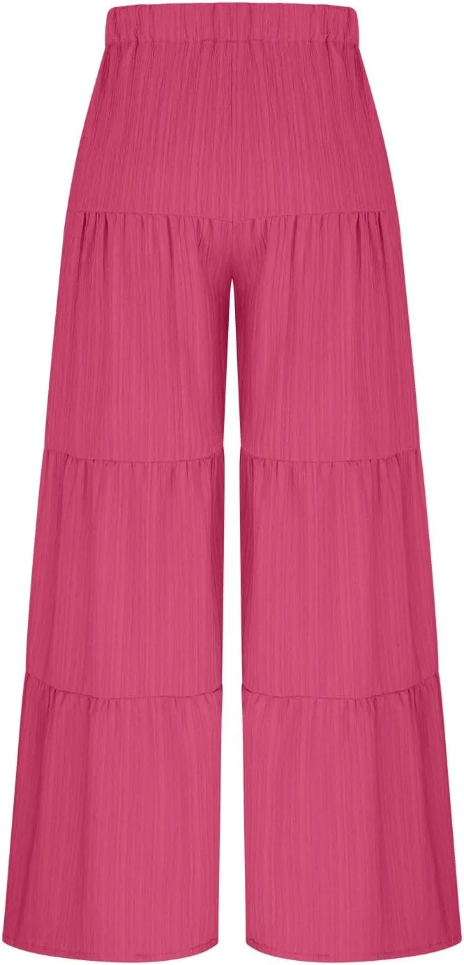 Akklian Flowy Pants for Women Boho Elastic High Waist Ruffle Tiered Wide Leg Beach Palazzo Pants Loose Casual Summer Trousers