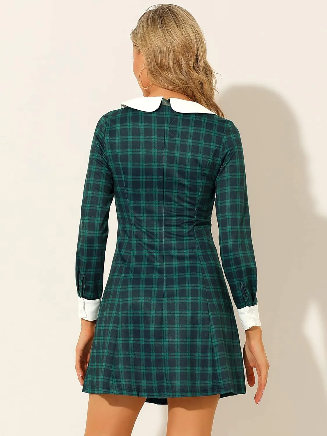 Allegra K Women's Christmas Peter Pan Collar Long Sleeve Mini Plaid Tartan Dress