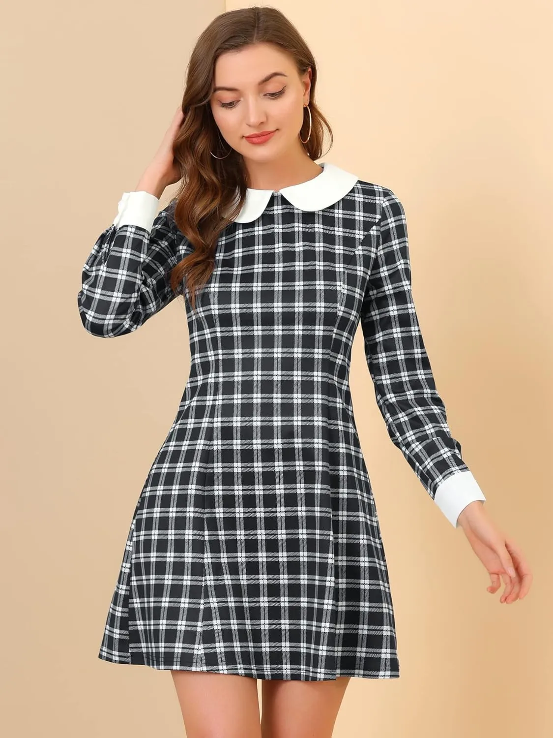Allegra K Women's Christmas Peter Pan Collar Long Sleeve Mini Plaid Tartan Dress