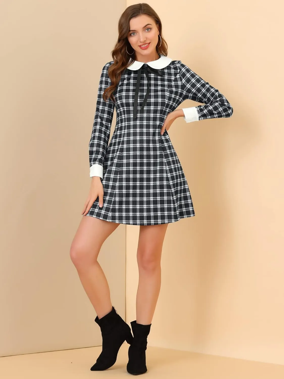 Allegra K Women's Christmas Peter Pan Collar Long Sleeve Mini Plaid Tartan Dress
