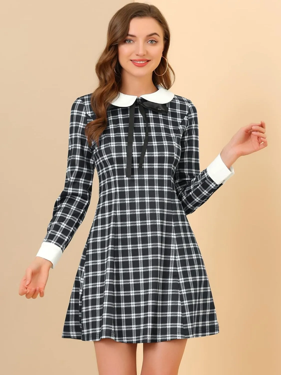 Allegra K Women's Christmas Peter Pan Collar Long Sleeve Mini Plaid Tartan Dress