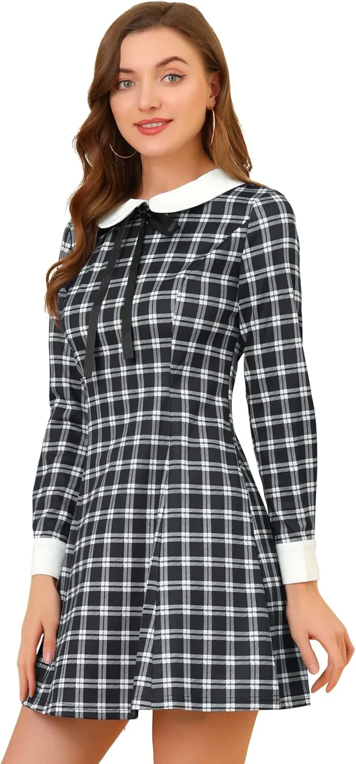 Allegra K Women's Christmas Peter Pan Collar Long Sleeve Mini Plaid Tartan Dress