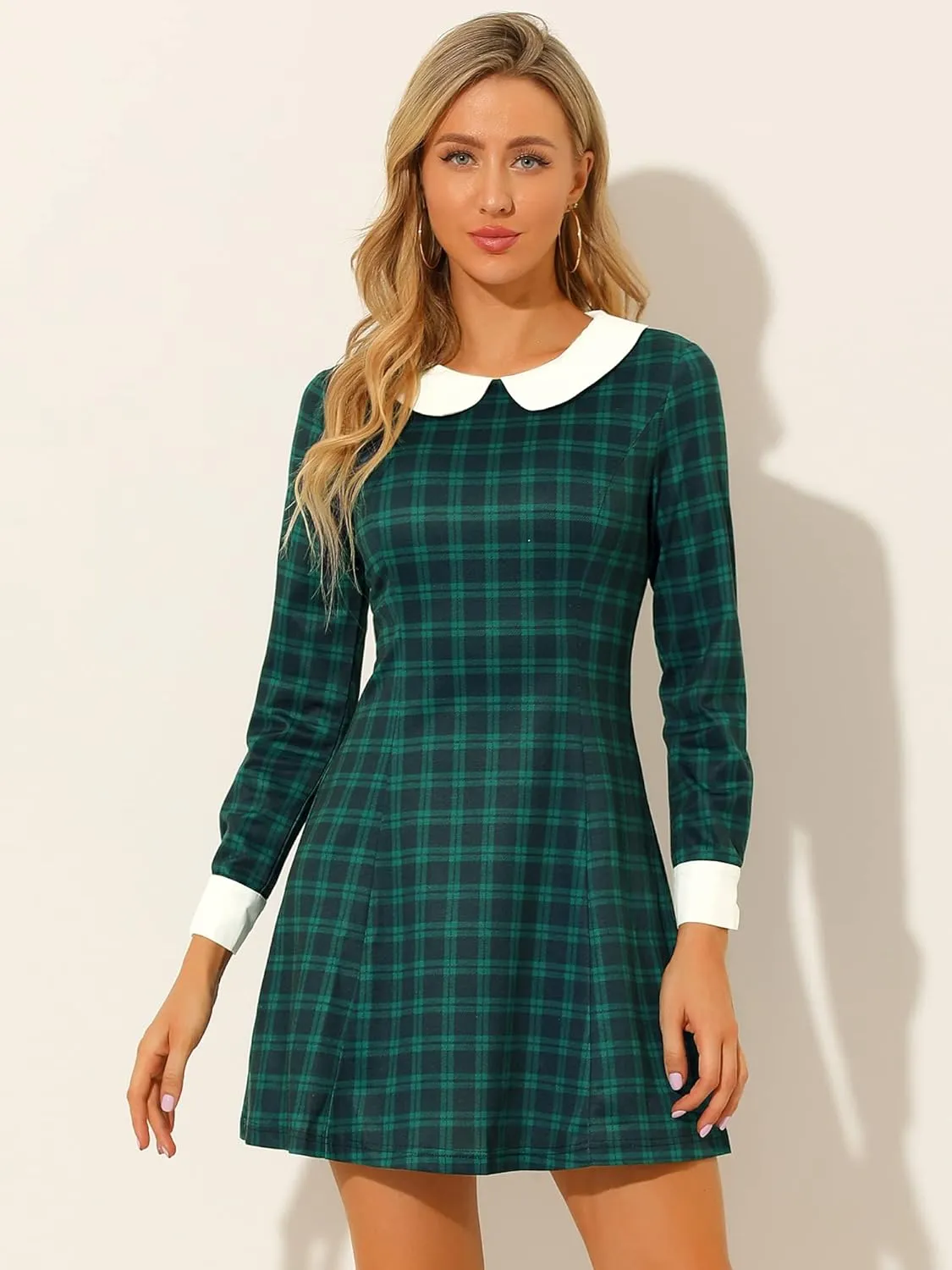Allegra K Women's Christmas Peter Pan Collar Long Sleeve Mini Plaid Tartan Dress