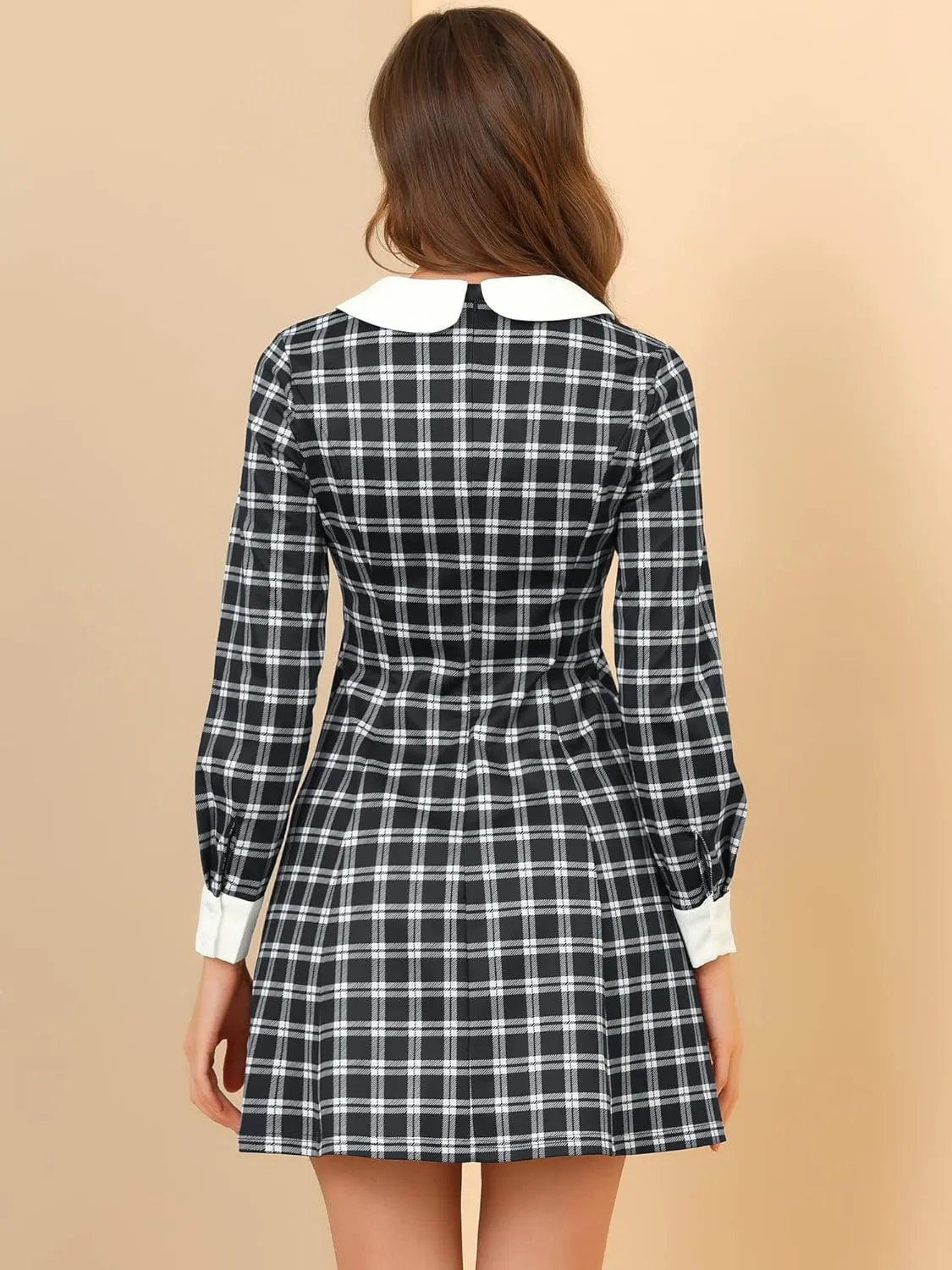Allegra K Women's Christmas Peter Pan Collar Long Sleeve Mini Plaid Tartan Dress