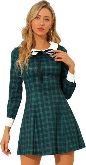 Allegra K Women's Christmas Peter Pan Collar Long Sleeve Mini Plaid Tartan Dress