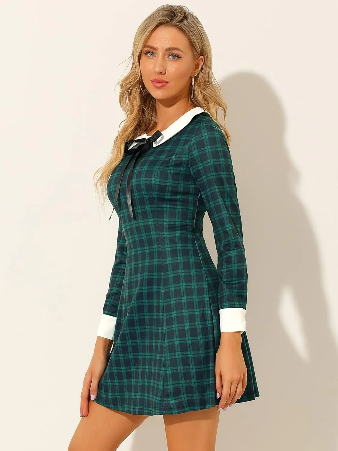 Allegra K Women's Christmas Peter Pan Collar Long Sleeve Mini Plaid Tartan Dress
