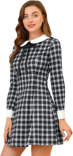 Allegra K Women's Christmas Peter Pan Collar Long Sleeve Mini Plaid Tartan Dress