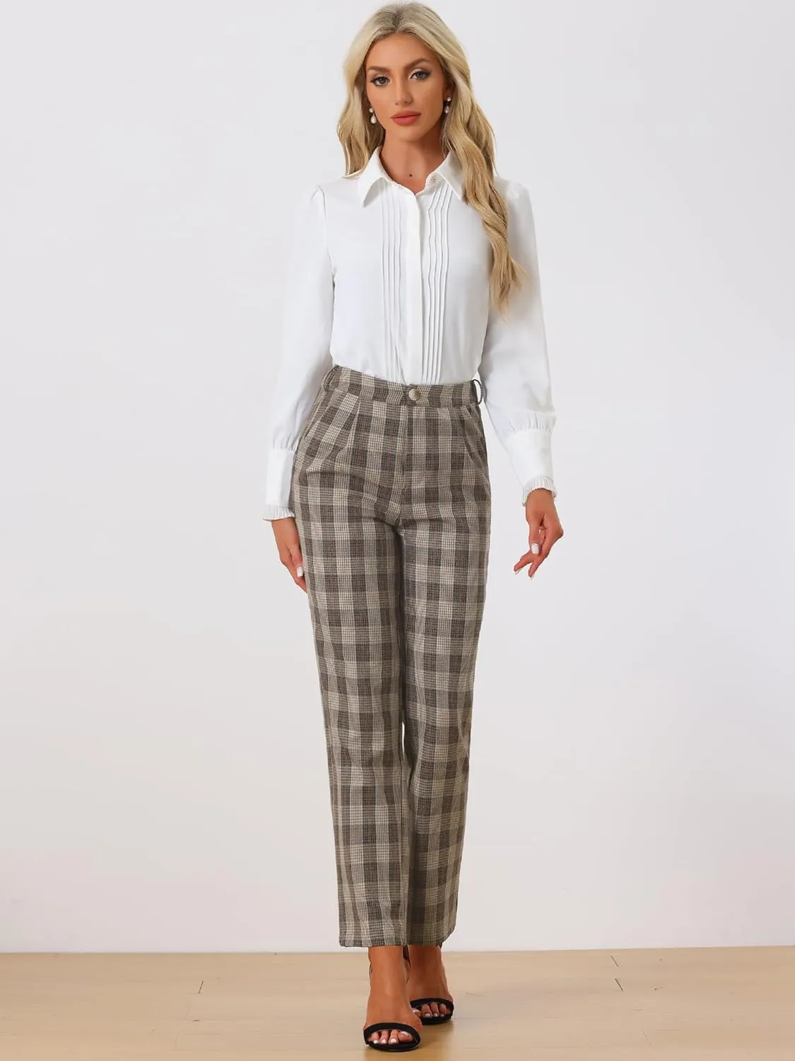 Allegra K Women's Plaid Pants Elastic Waist Casual Work Office Long Trousers
