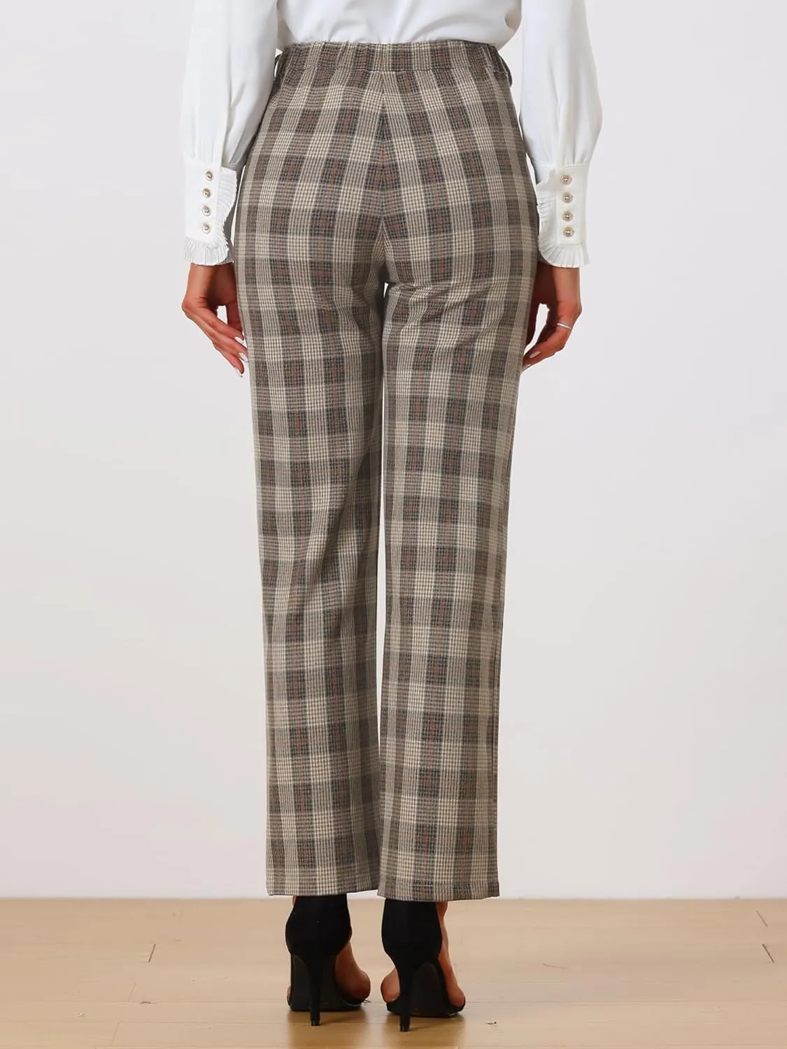 Allegra K Women's Plaid Pants Elastic Waist Casual Work Office Long Trousers