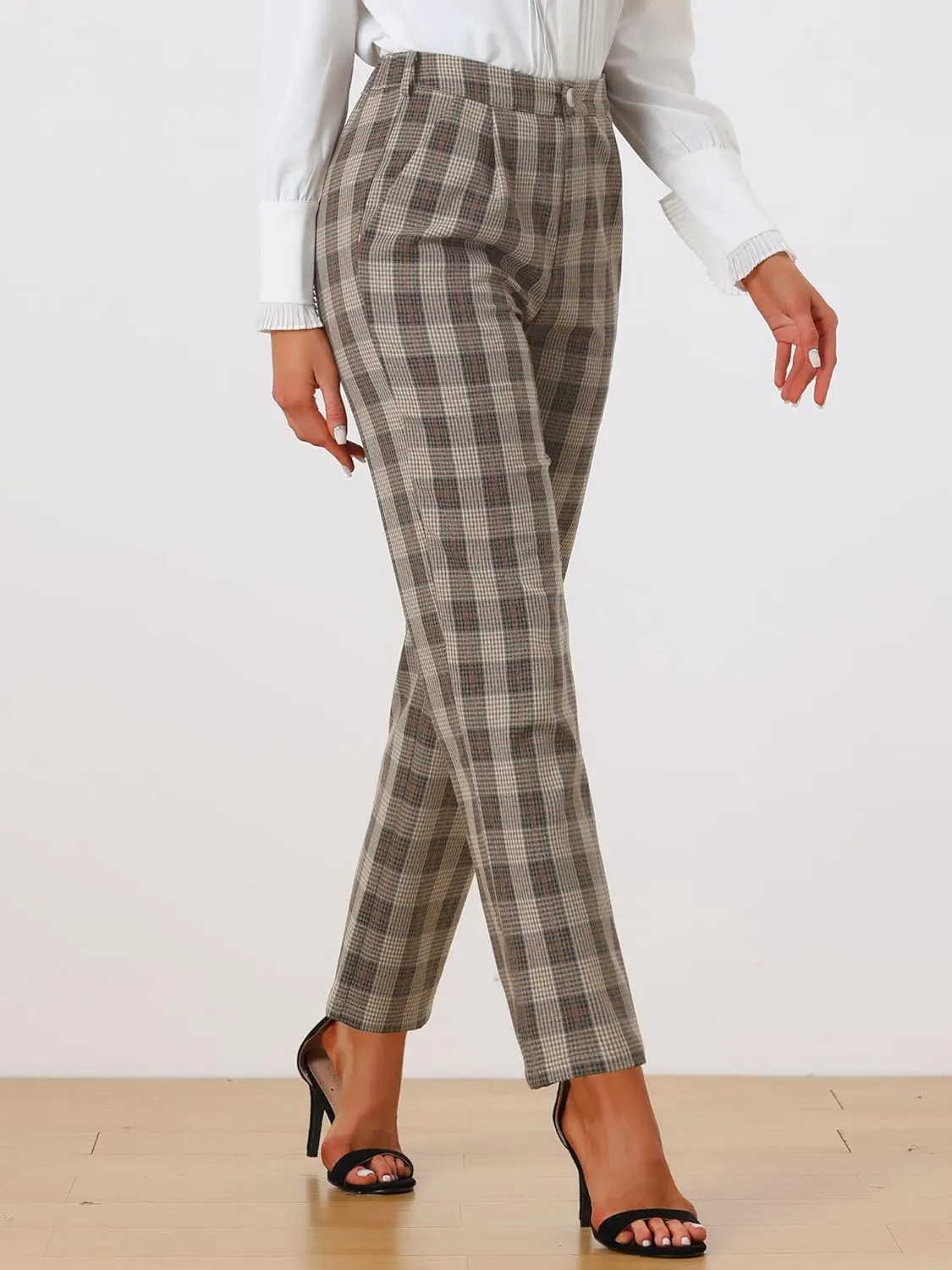Allegra K Women's Plaid Pants Elastic Waist Casual Work Office Long Trousers