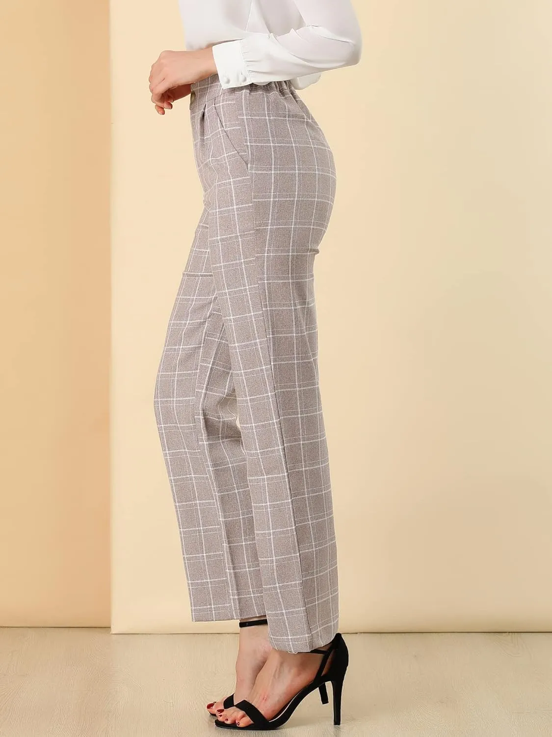 Allegra K Women's Plaid Pants Elastic Waist Casual Work Office Long Trousers