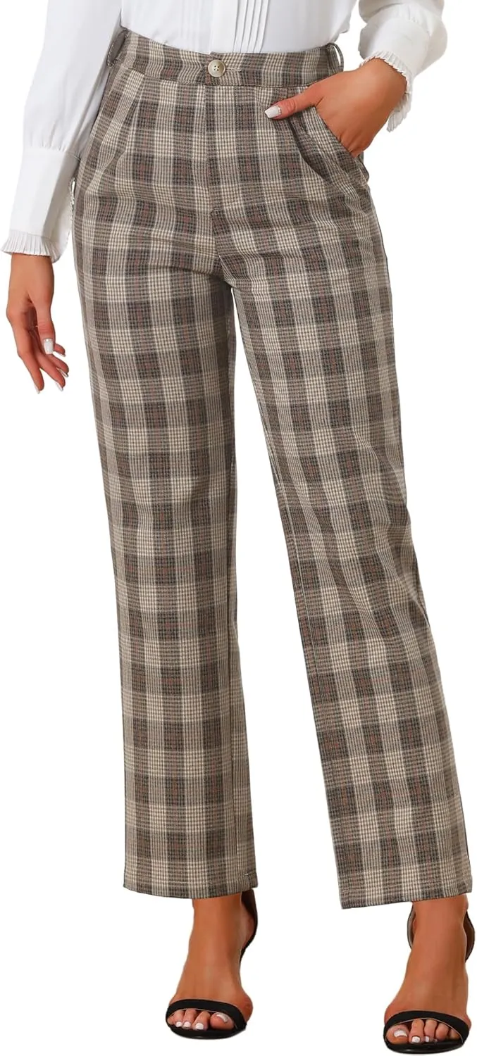 Allegra K Women's Plaid Pants Elastic Waist Casual Work Office Long Trousers