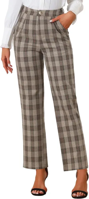 Allegra K Women's Plaid Pants Elastic Waist Casual Work Office Long Trousers