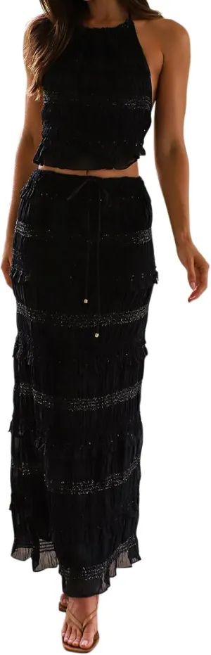 Amiblvowa Women Y2k 2 Piece Maxi Skirt Set Backless Smocked Lace Halter Crop Top Tiered Flowy Long Skirt Club Streetwear