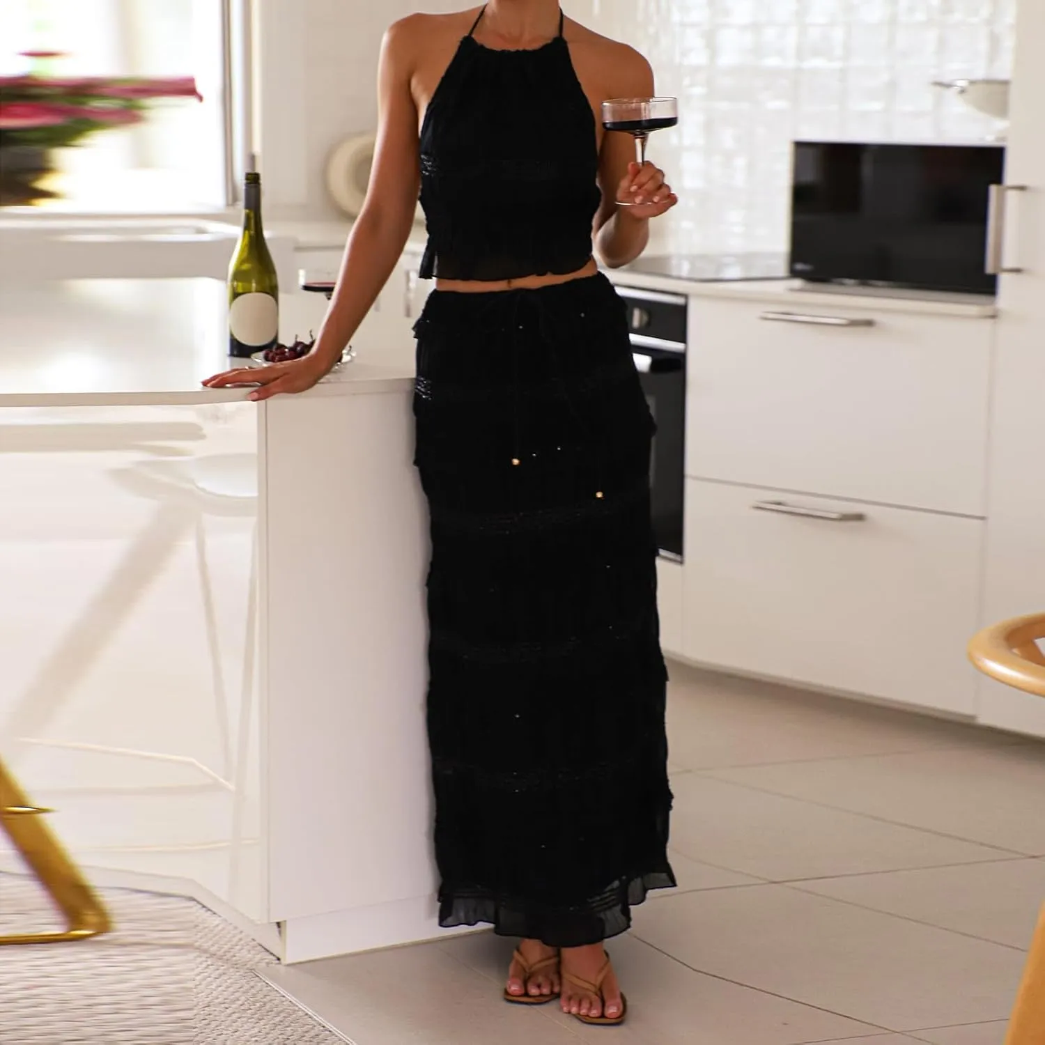 Amiblvowa Women Y2k 2 Piece Maxi Skirt Set Backless Smocked Lace Halter Crop Top Tiered Flowy Long Skirt Club Streetwear