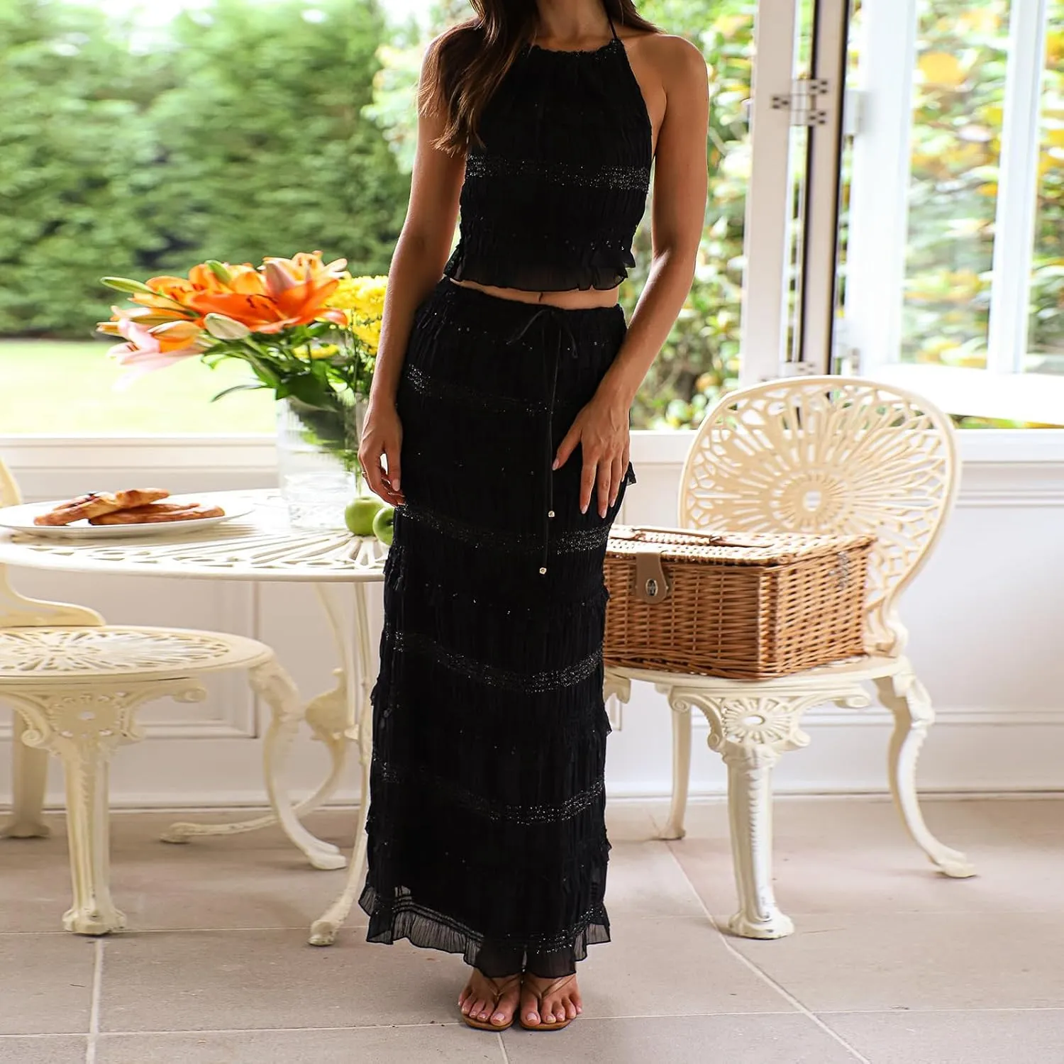 Amiblvowa Women Y2k 2 Piece Maxi Skirt Set Backless Smocked Lace Halter Crop Top Tiered Flowy Long Skirt Club Streetwear