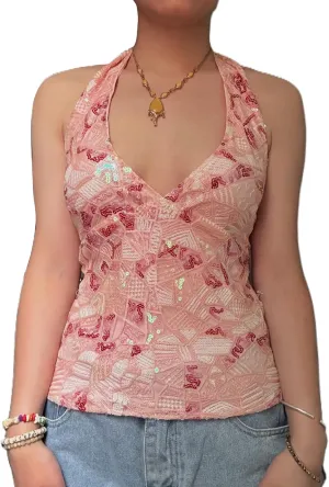 Aonoapll Women Sequins Halter Top Sparkly Sleeveless Tie Backless Tank Tops Y2k Sexy Open Back Glitter Camisole Clubwear