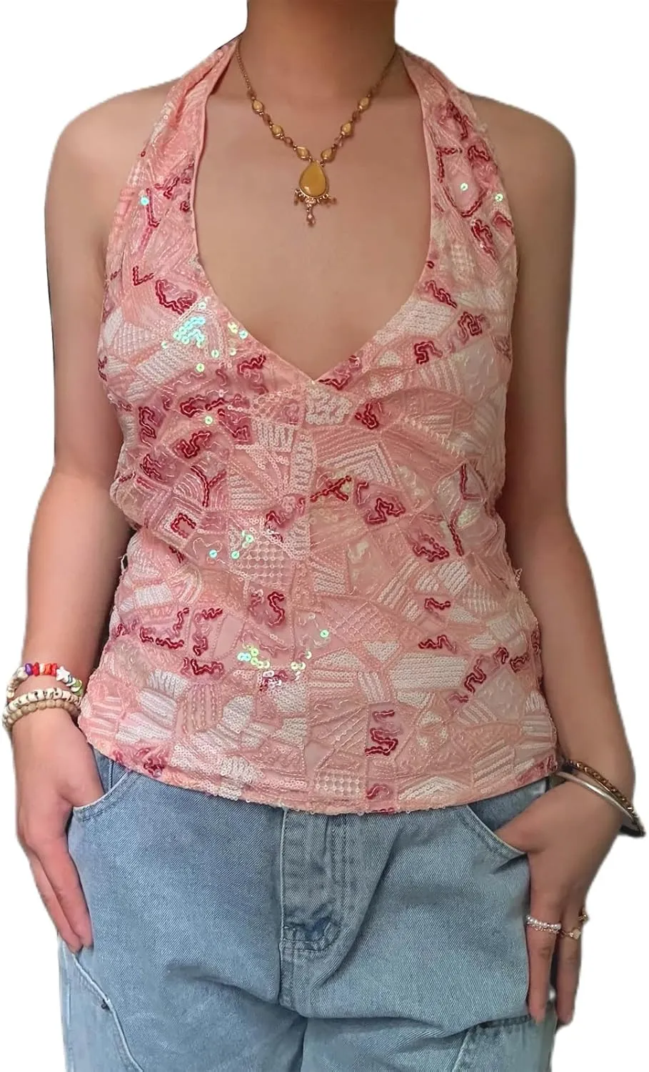 Aonoapll Women Sequins Halter Top Sparkly Sleeveless Tie Backless Tank Tops Y2k Sexy Open Back Glitter Camisole Clubwear