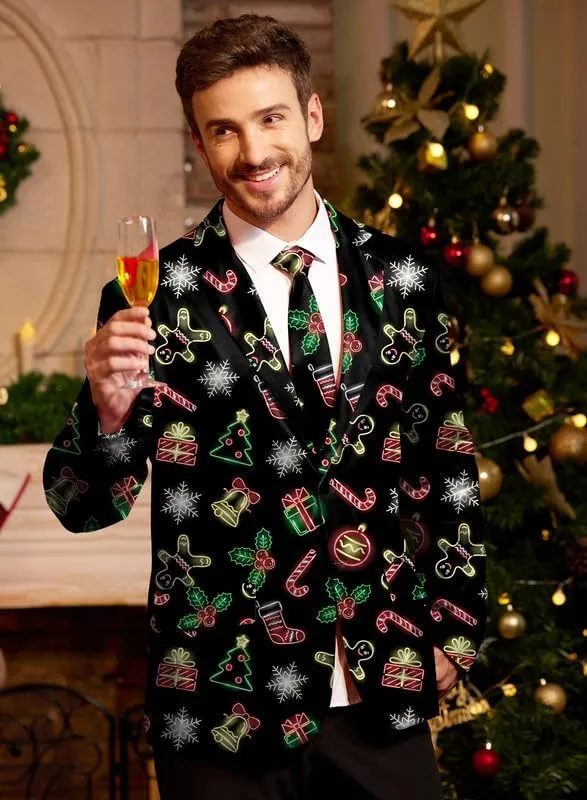Arvilhill Men's Christmas Blazer with Tie - Ugly X-Mas Festive Jacket - Christmas Theme Party Suit for Men (S-XXL)