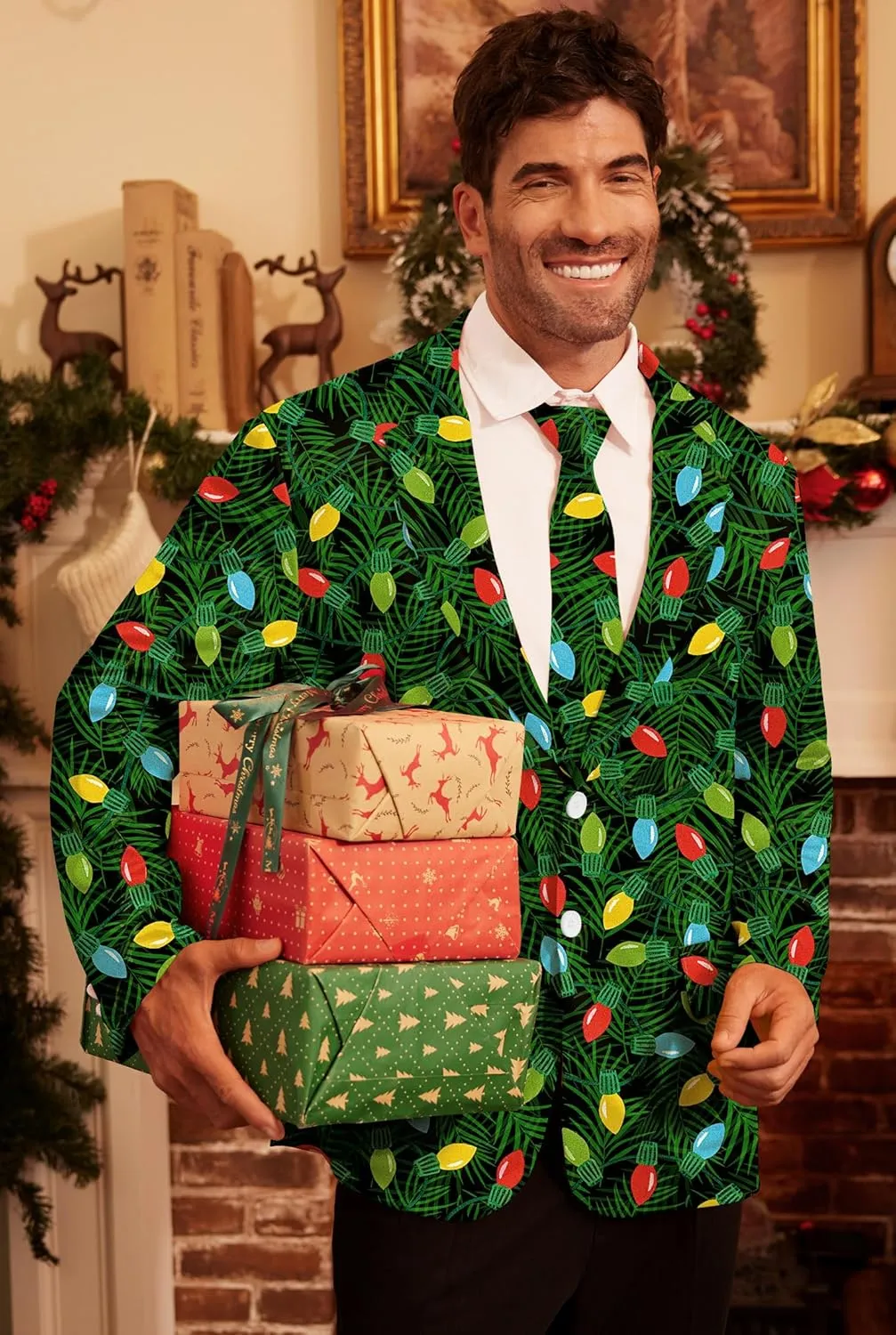 Arvilhill Men's Christmas Blazer with Tie - Ugly X-Mas Festive Jacket - Christmas Theme Party Suit for Men (S-XXL)