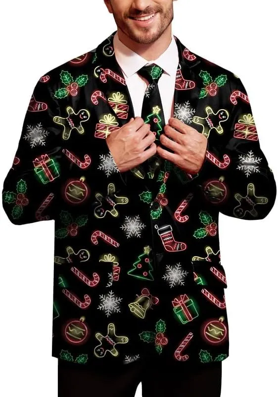 Arvilhill Men's Christmas Blazer with Tie - Ugly X-Mas Festive Jacket - Christmas Theme Party Suit for Men (S-XXL)